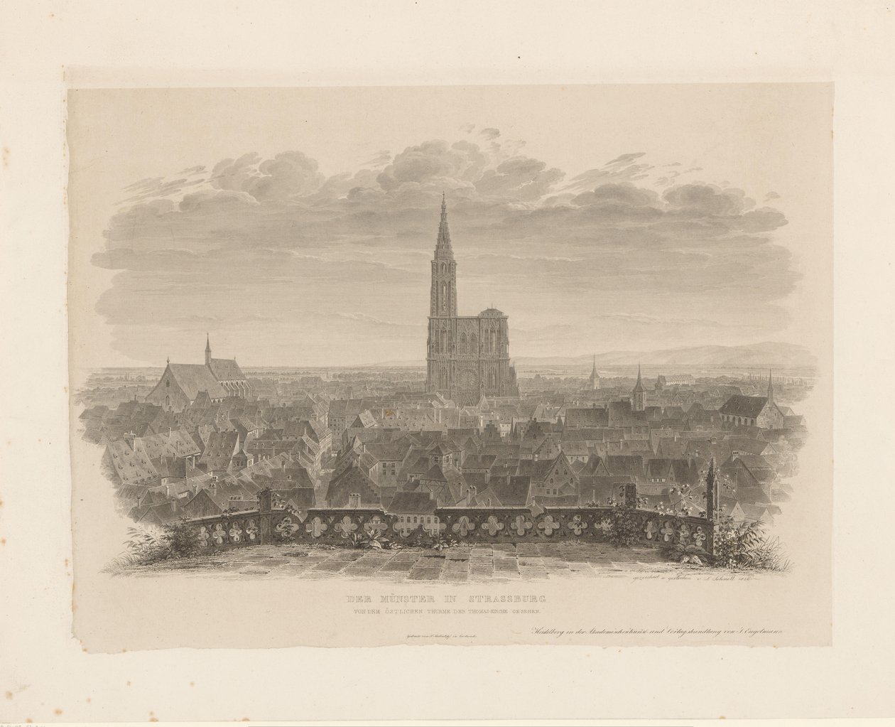 Porträtt av katedralen i Straatsburg Ministern i Strasbourg sett från Thomaskyrkans östra torn (titel på objektet) av Ludwig Friedrich Schnell