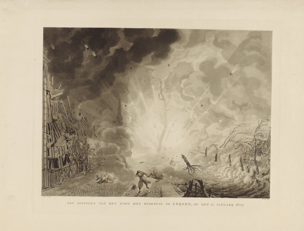 Katastrofen i Leiden, 1807 Hoppar skeppet med krut i Leijden den 12 januari 1807 (titel på objekt) av Ludwig Gottlieb Portman