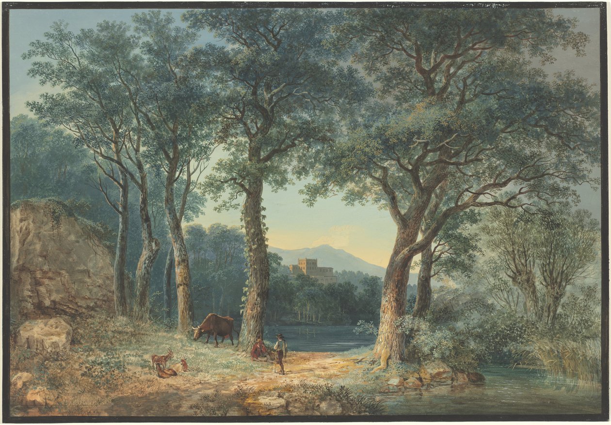 En trädbevuxen sjö med en italiensk villa av Ludwig Hess