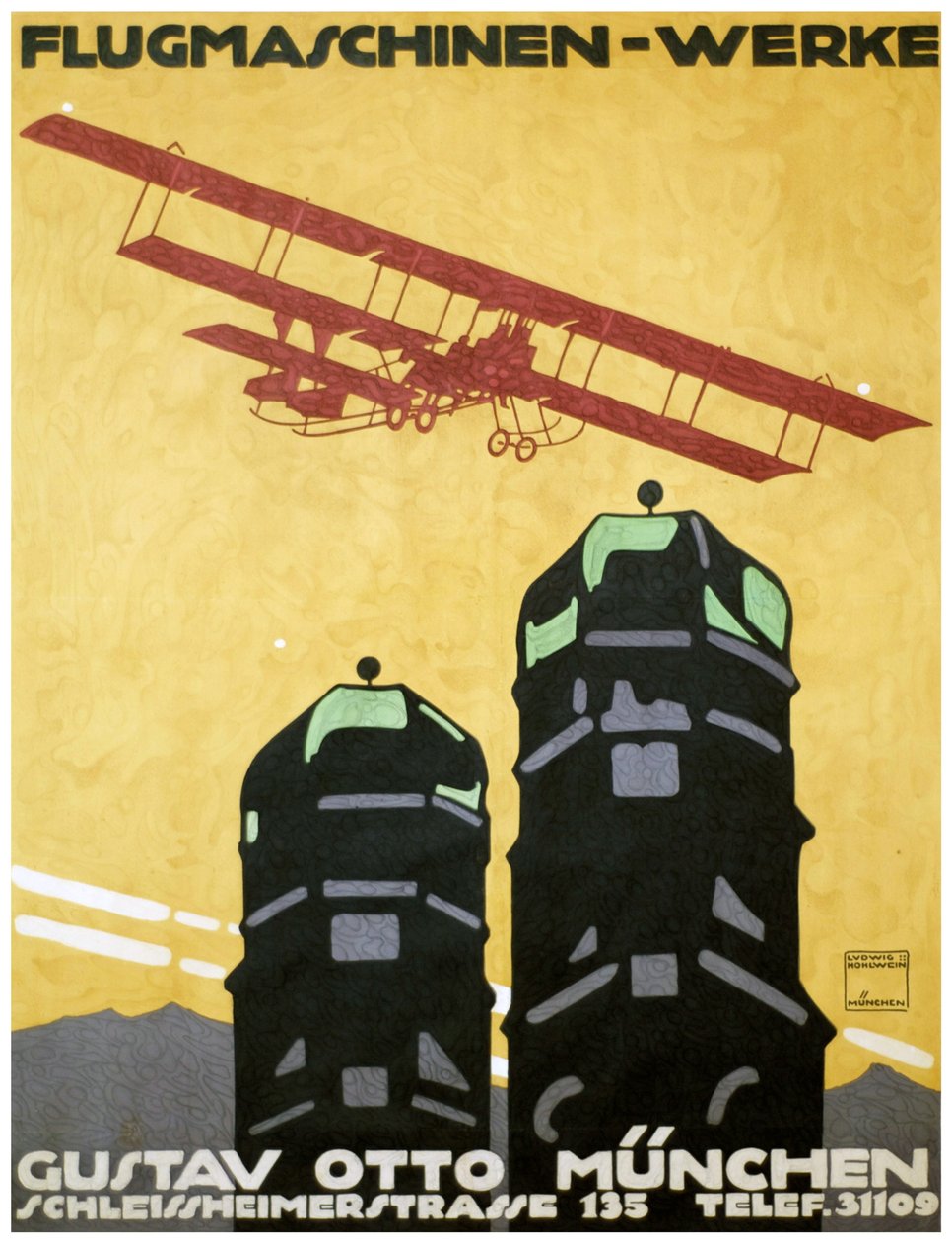 Flygmaskiner - verk, affischer. 1912 (litografi) av Ludwig Hohlwein