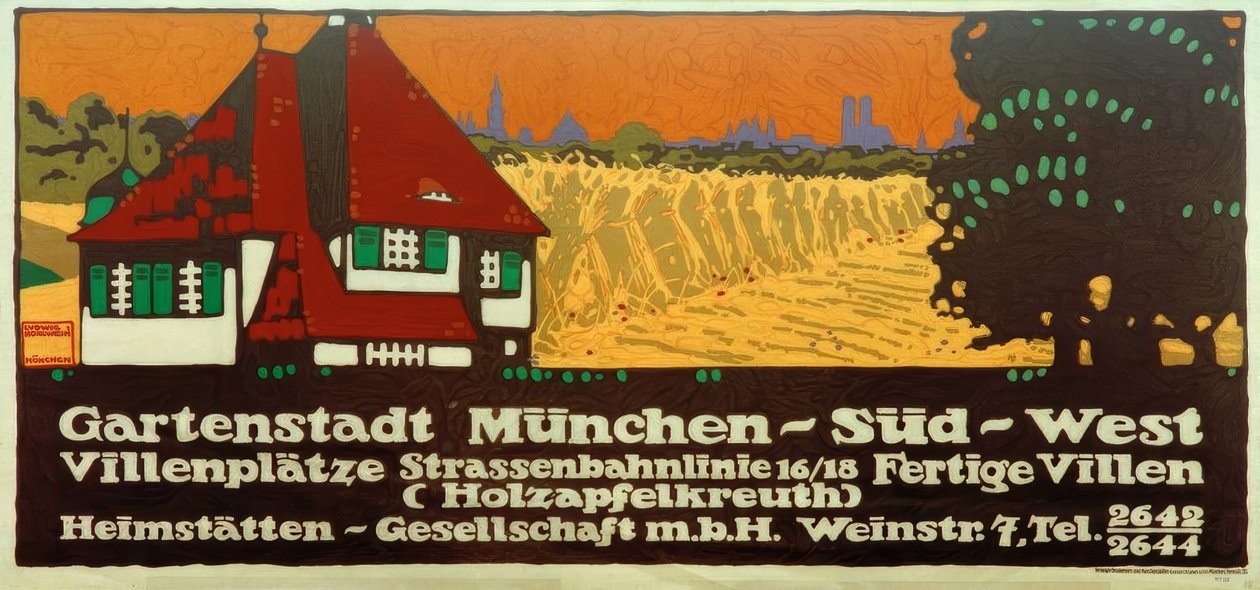 Trädgårdsstad München-sydväst / Villatorg / Spårvagnslinje 16/18 / Färdiga villor (Holzapfelkreuth) / Heimstätten-Gesellschaft m av Ludwig Hohlwein