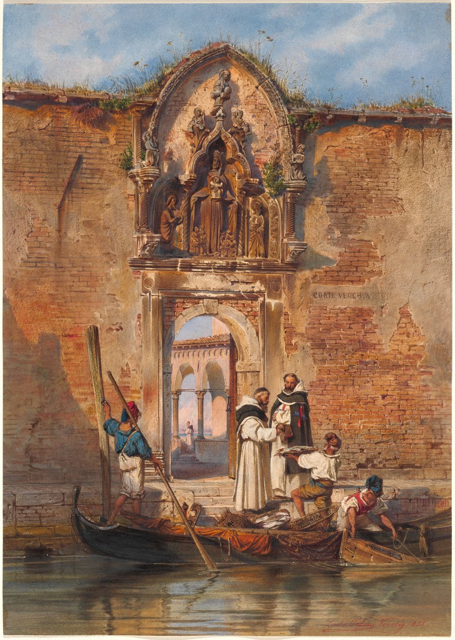 Munkar köper fisk före portalen till Madonna della Misericordia av Ludwig Johann Passini