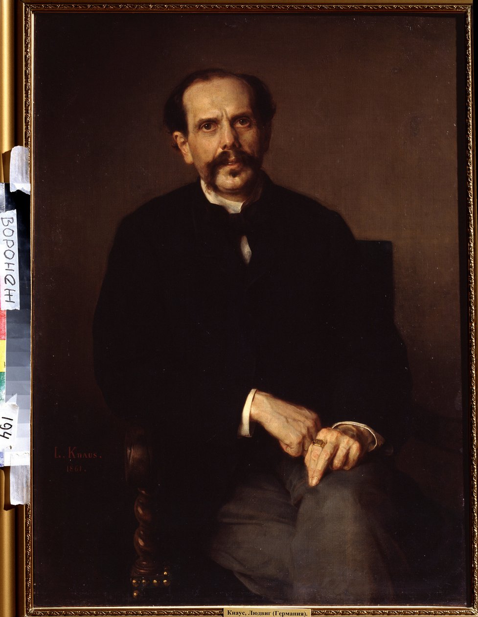 ""Porträtt av en man"" Han är klädd i en svart kostym, en signetring på fingret. Målning av Ludwig Knaus (1829-1910) Ivan Kramskoy (eller Kramskoi) konstmuseum i Voronezh (Voronezh), Ryssland. av Ludwig Knaus