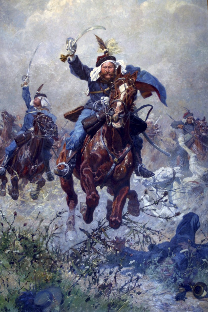 Överste Maximilian Ritter von Rodakowski och 13:e Uhlans i slaget vid Custoza 1866, 1908 (olja på linne) av Ludwig Koch