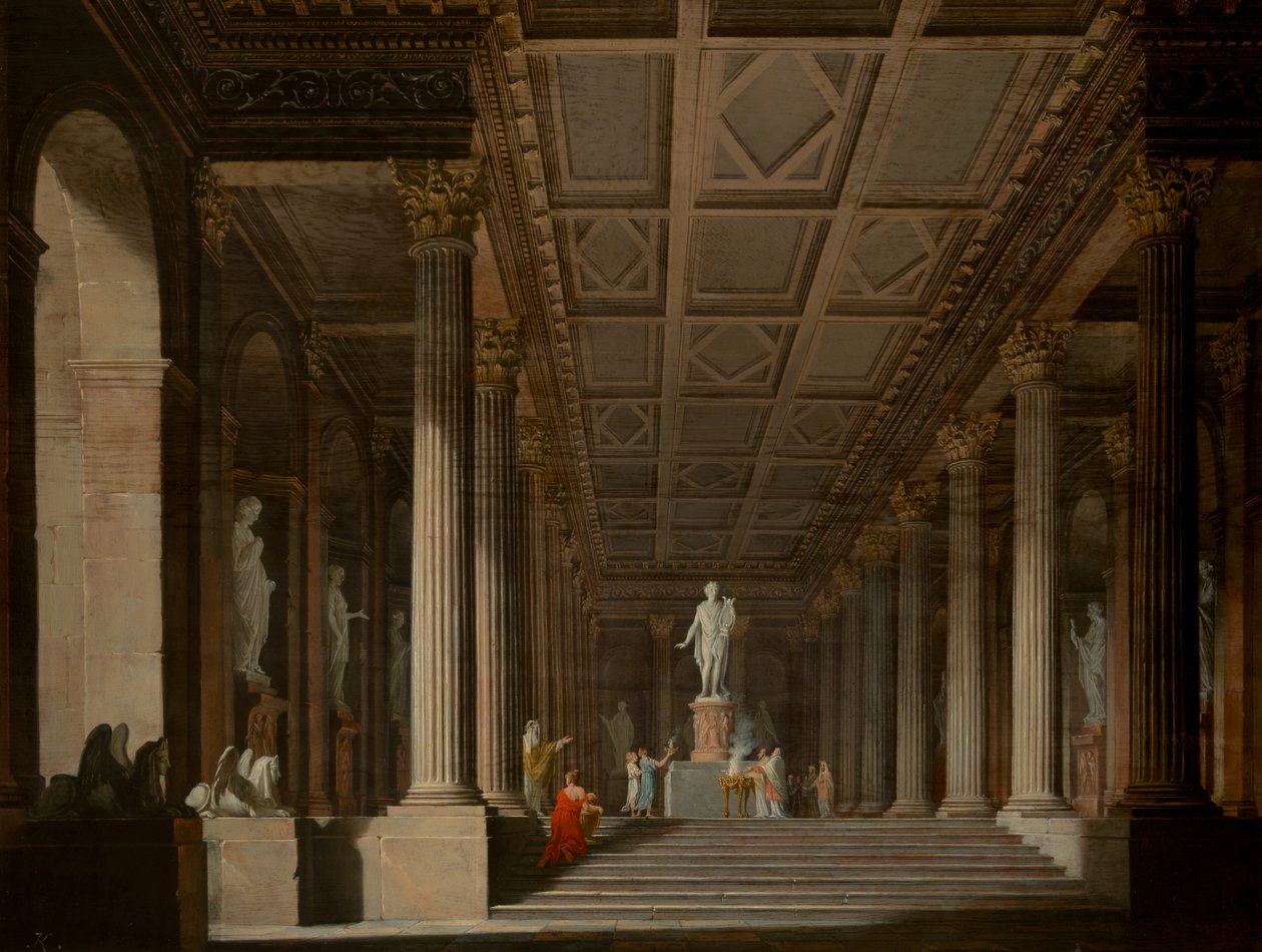 Interiör av ett fiktivt antikt tempel med ett brännoffer till Apollo av Ludwig Kohl