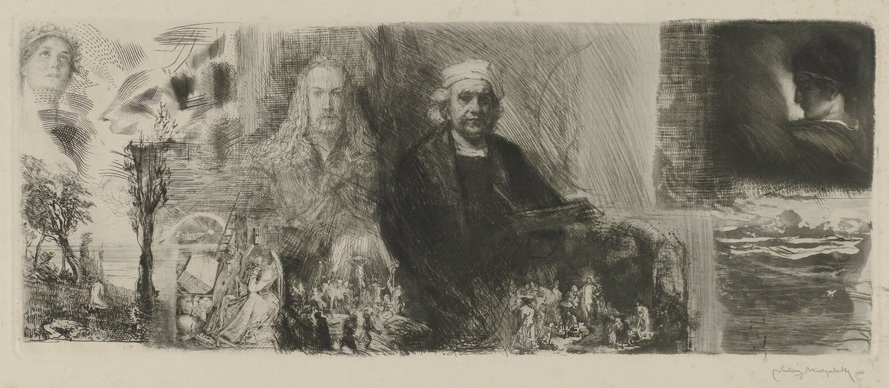 Verk av Rembrandt och Dürer i olika trycktekniker An die Schönheit (titel på objekt) av Ludwig Michalek