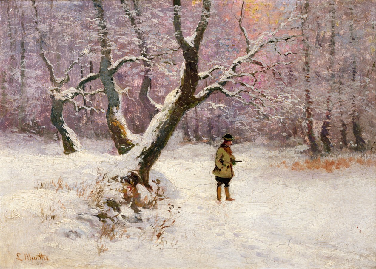 Vinterlandskap med jägare (olja på duk) av Ludwig Munthe