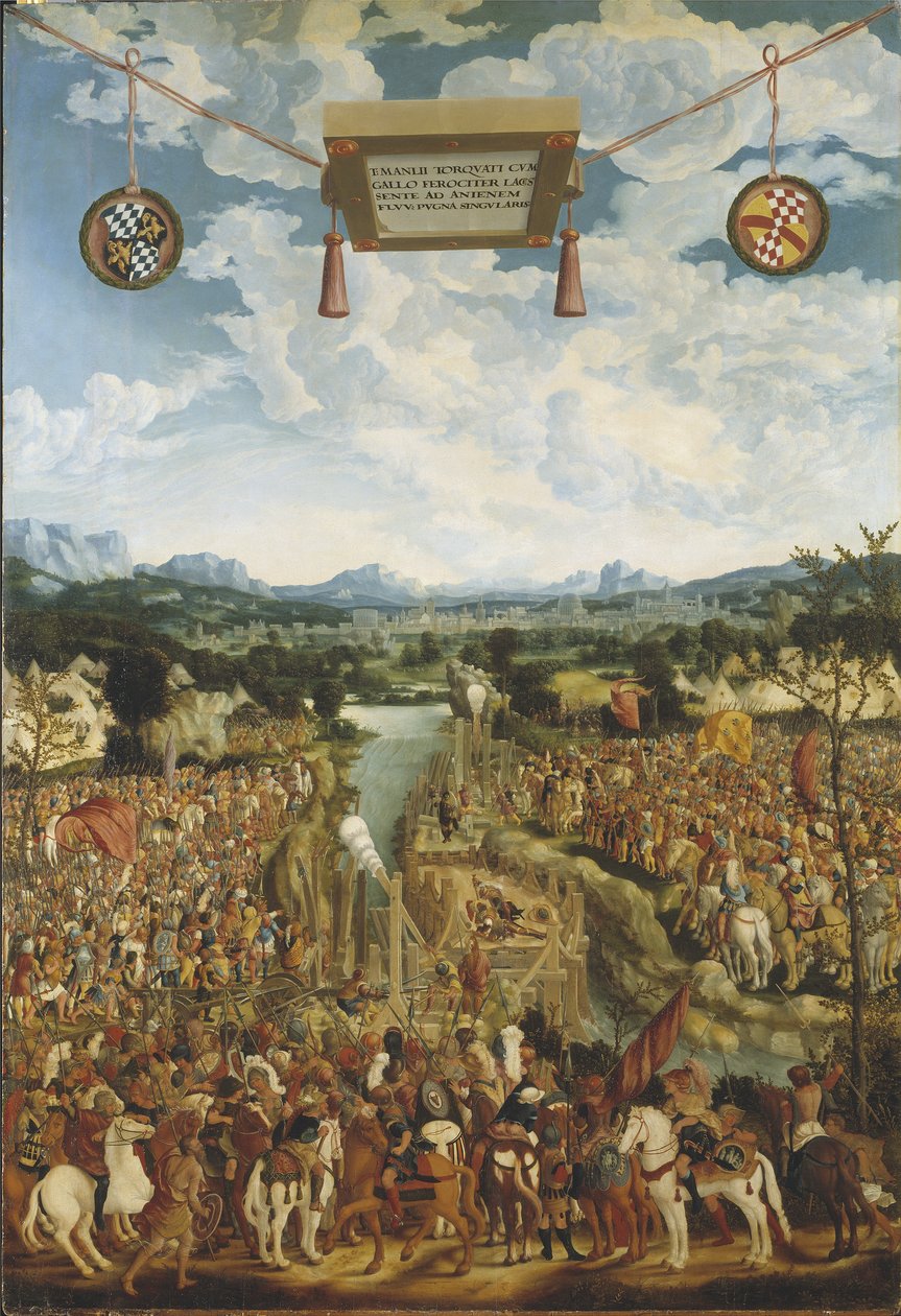 Titus Manlius Imperiosus Torquatus (4eme siècle avant JC) combat un gaulois - Manlius Torquatus Fighting a Gallien, av Refinger, Ludwig (ca 1510-1549). Olja på trä. Mått: 160x109 cm. Nationalmuseum Stockholm av Ludwig Refinger