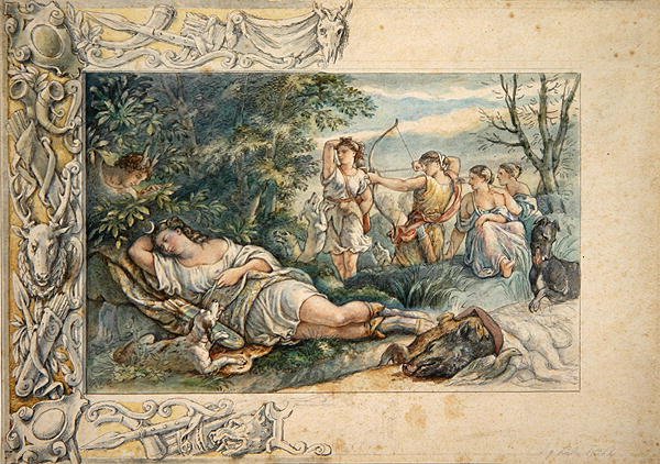 Sleeping Diana with Companions (akvarell över grafit på papper) av Ludwig Sigismund Ruhl