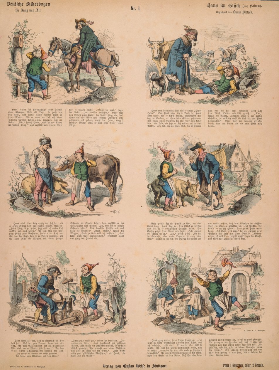 Hans i tur (efter bröderna Grimm), nr 213 från Muenchener Bilderbogen utgiven av Braun & Schneider, München, 1880 av Ludwig Voltz