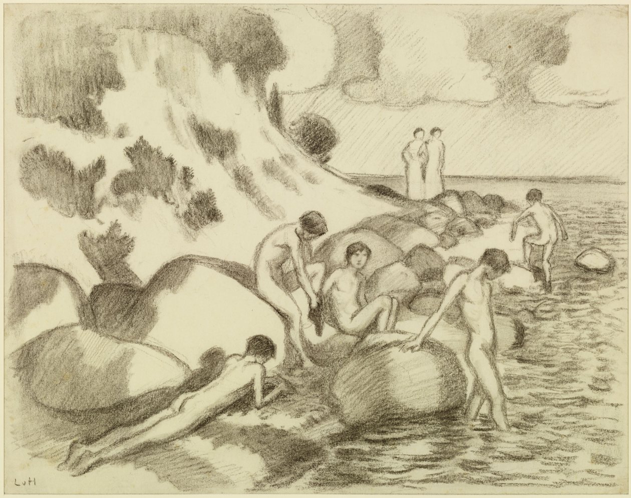 Badande pojkar på stranden, med två kvinnor i bakgrunden av Ludwig von Hofmann