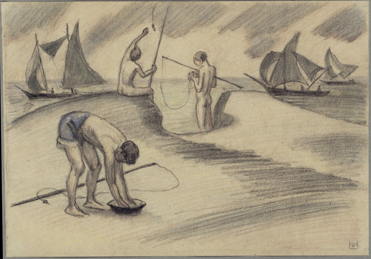Tre fiskande pojkar vid havet med segelfartyg av Ludwig von Hofmann
