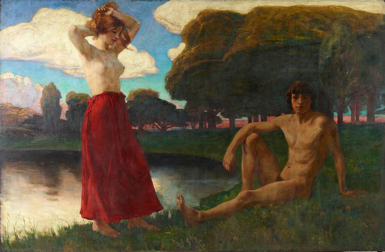 Idyll (Halvnaken man och kvinna i landskapet) av Ludwig von Hofmann