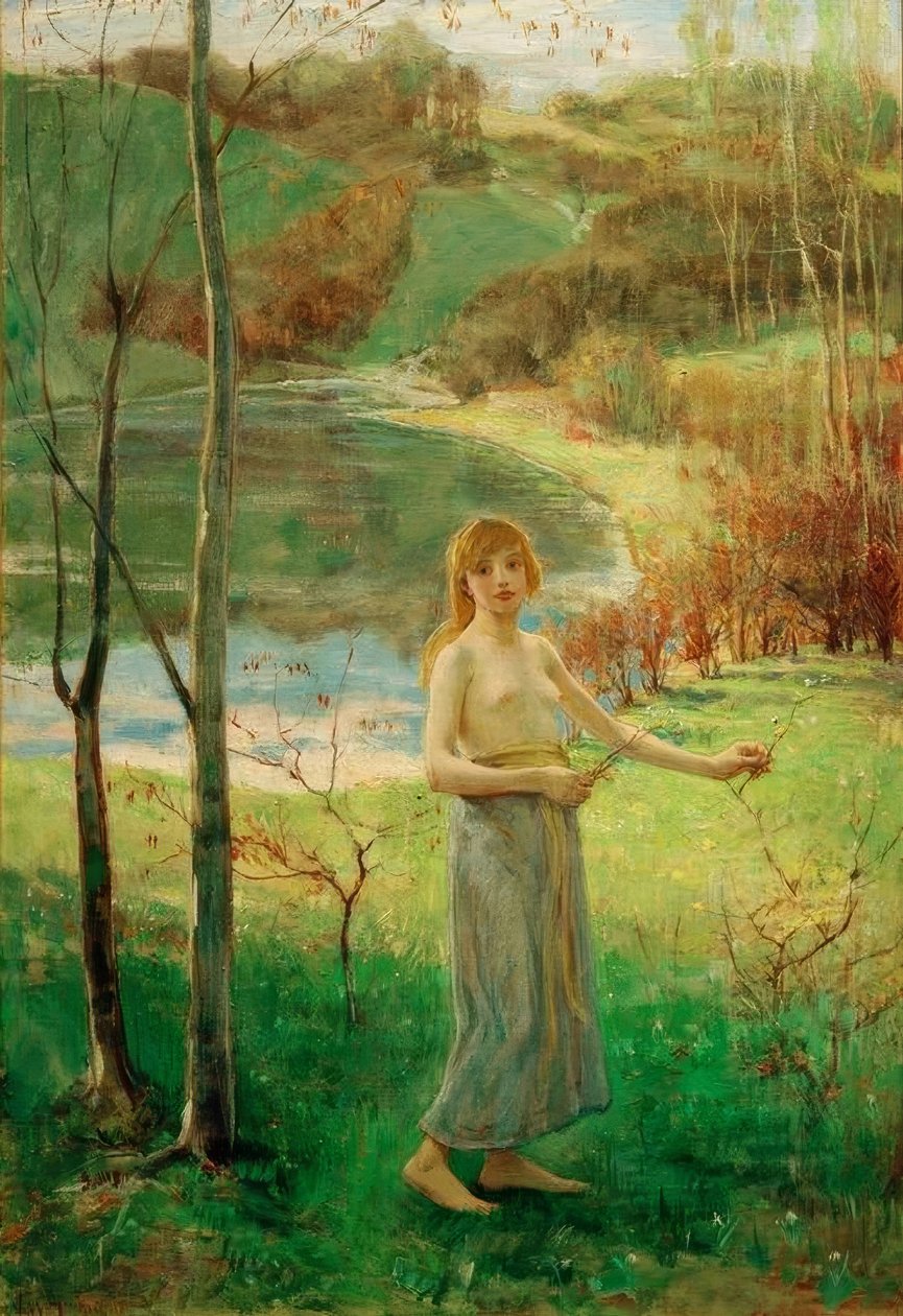 Ung kvinna som plockar blommor av Ludwig von Hofmann