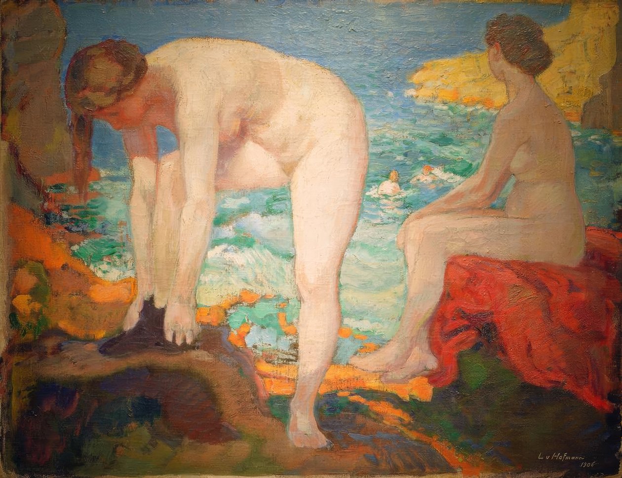 L. v. Hofmann, badgäster vid havet. av Ludwig von Hofmann