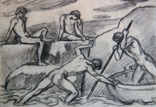 Naken båtman och ungdomar på en grön strand (grafit på papper) av Ludwig von Hofmann