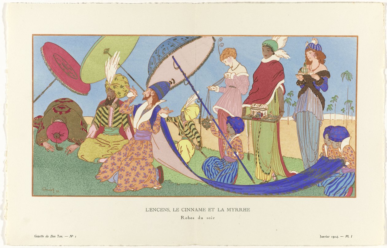 Gazette du Bon Ton, 1914 - Nr 1, Pl I: Rökelse, Cinname och Myrra / Aftonklänningar. (titel på objekt) av Ludwik Strimpl