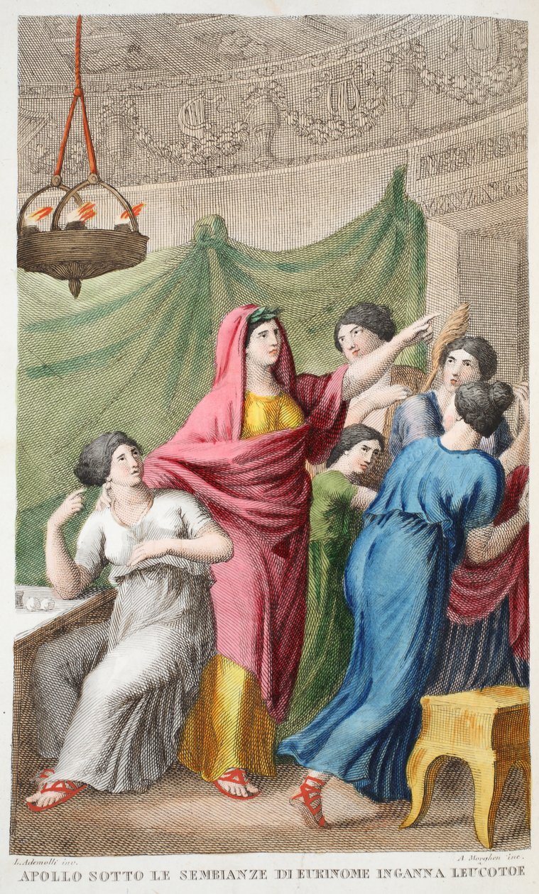 Apollos förklädnad eller Apollo sotte le Sembianze di Eukinome Inganna Leucotto, bok IV, illustration från Ovidius
