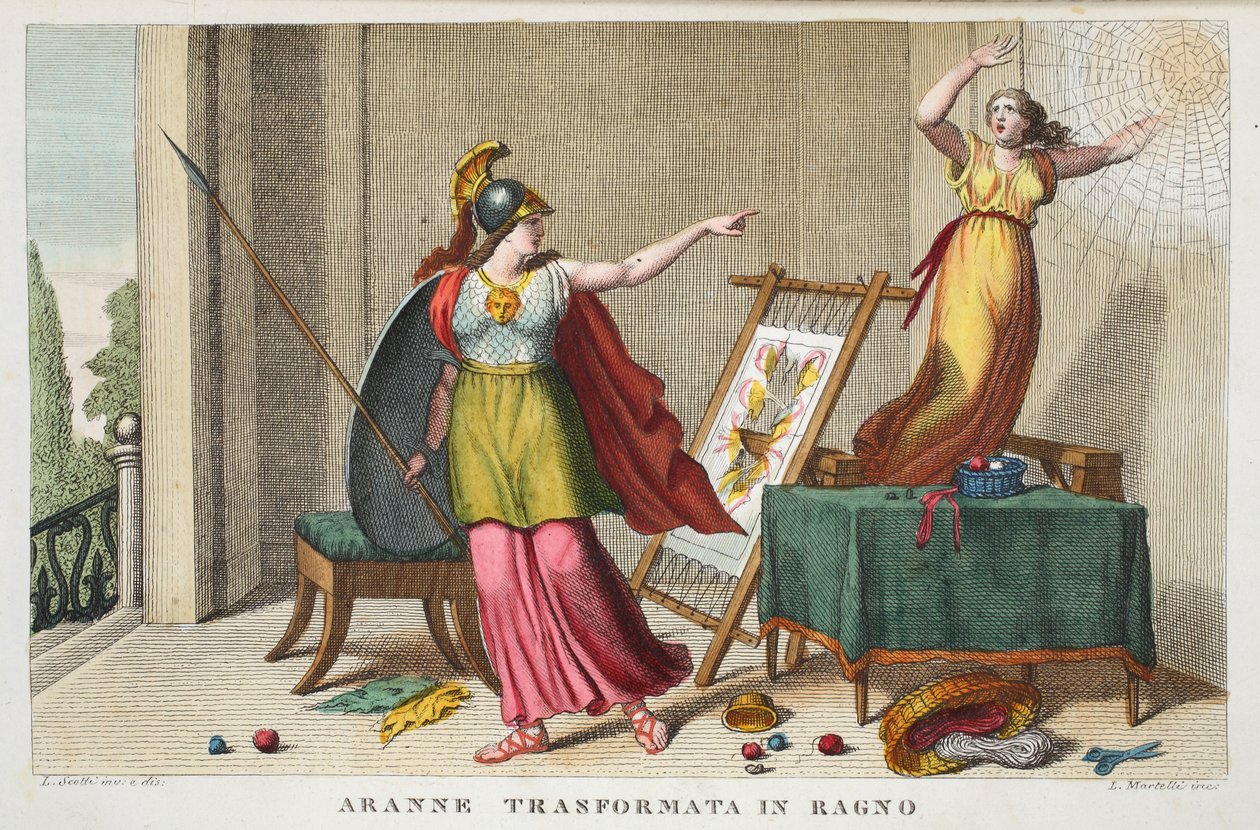 Arachne till spindel eller Aranne Trasformata i Ragno, bok VI, illustration från Ovidius Metamorfoser, Florens, 1832 (handkolorerat gravyr) av Luigi Ademollo