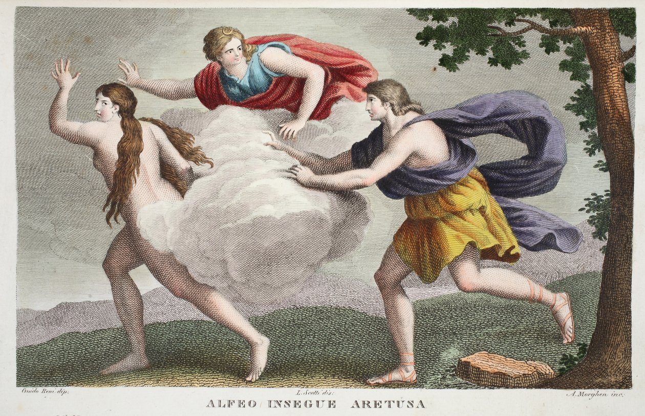 Arethusa i en källa eller Alfeo Insegue Aretusa, bok V, illustration från Ovidius Metamorfoser, Florens, 1832 (handkolorerat gravyr) av Luigi Ademollo