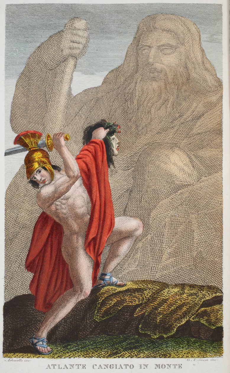 Atlas in i ett berg eller Atlante Cangiato i Monte, Bok IV, illustration från Ovidius