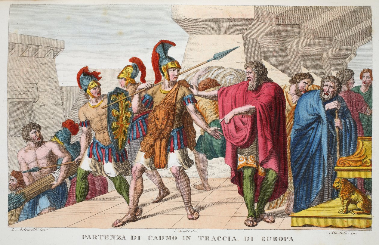 Cadmus ger sig ut eller Partenza de Cadmo in Traccia di Europa, bok III, illustration från Ovidius Metamorfoser, Florens, 1832 (handkolorerat gravyr) av Luigi Ademollo