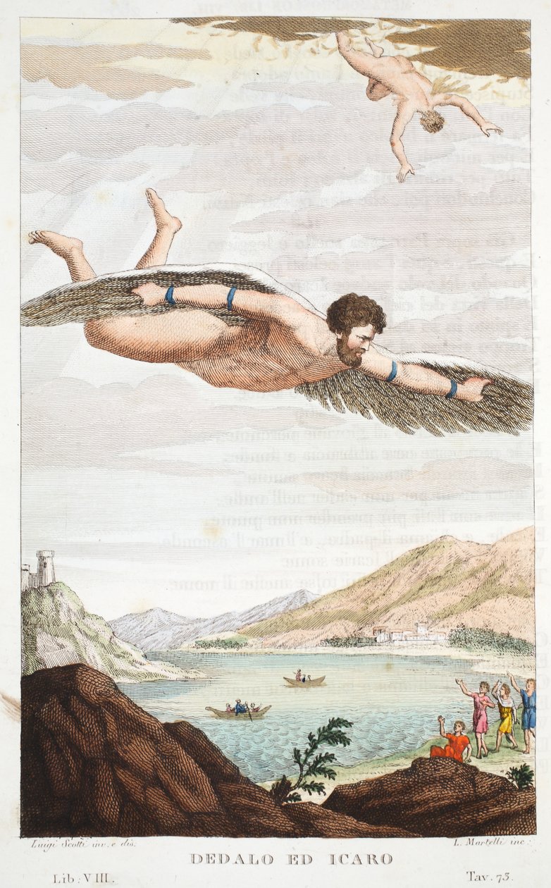 Daedalus and Icarus eller Dedalo ed Icaro, Bok VIII, illustration från Ovidius