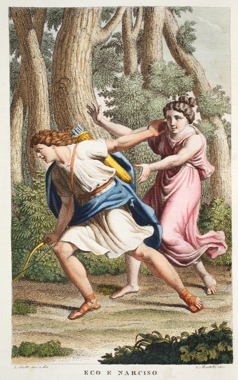 Eko och Narcissus eller Eco e Narciso, bok III, illustration från Ovidius Metamorfoser, Florens, 1832 (handkolorerat gravyr) av Luigi Ademollo