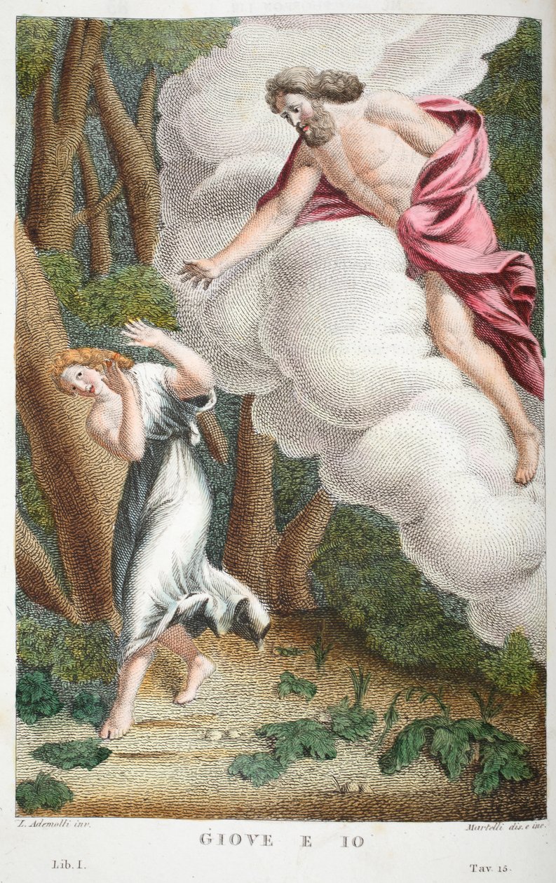 Jove förälskad i Io eller Giove e Io, bok I, illustration från Ovidius Metamorfoser, Florens, 1832 (handkolorerat gravyr) av Luigi Ademollo