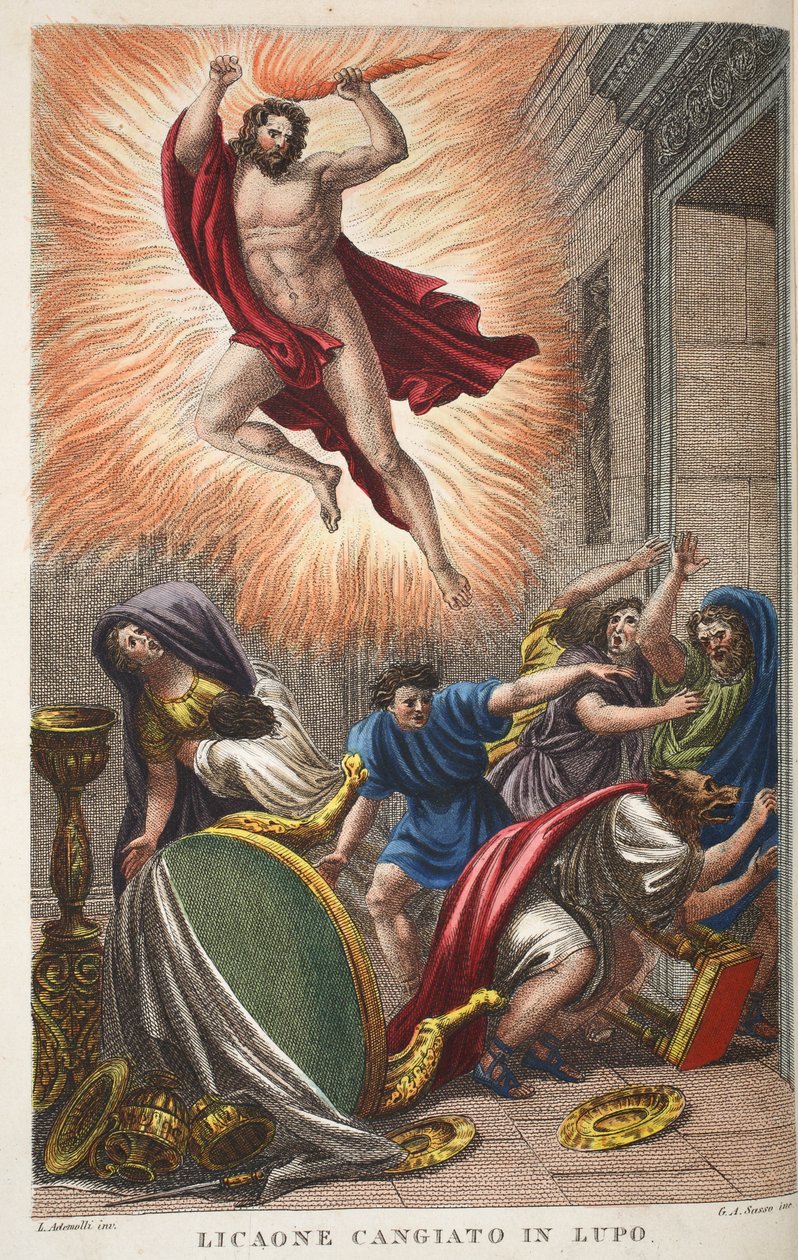 Lycaon till varg eller Licaone Cangiato in Lupo, illustration från Ovidius Metamorfoser, Florens, 1832 (handkolorerat gravyr) av Luigi Ademollo
