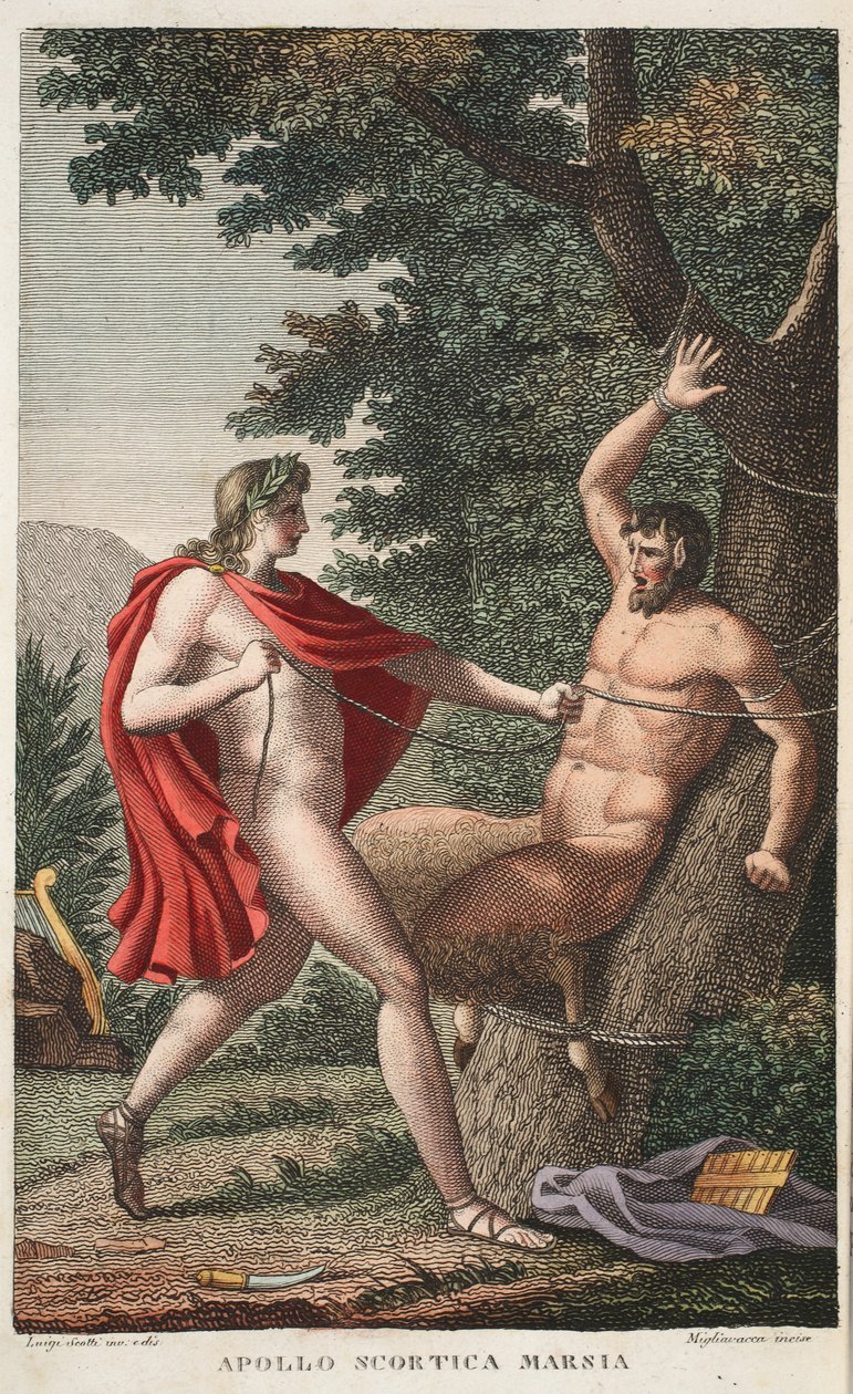 Marsyas är flådd av Apollo eller Apollo Scortica Marsia, bok VI, illustration från Ovidius