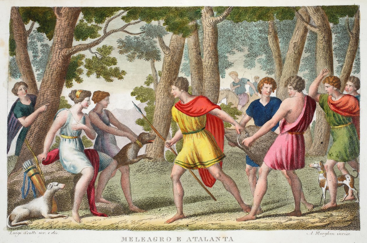 Meleager och Atlanta eller Meleagro e Atalanta, bok VIII, illustration från Ovidius Metamorfoser, Florens, 1832 (handkolorerat gravyr) av Luigi Ademollo