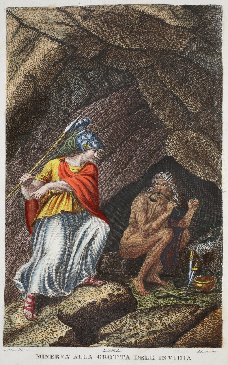 Minerva besöker Envy eller Minerva all Grotta deli Invidia, illustration från Ovidius