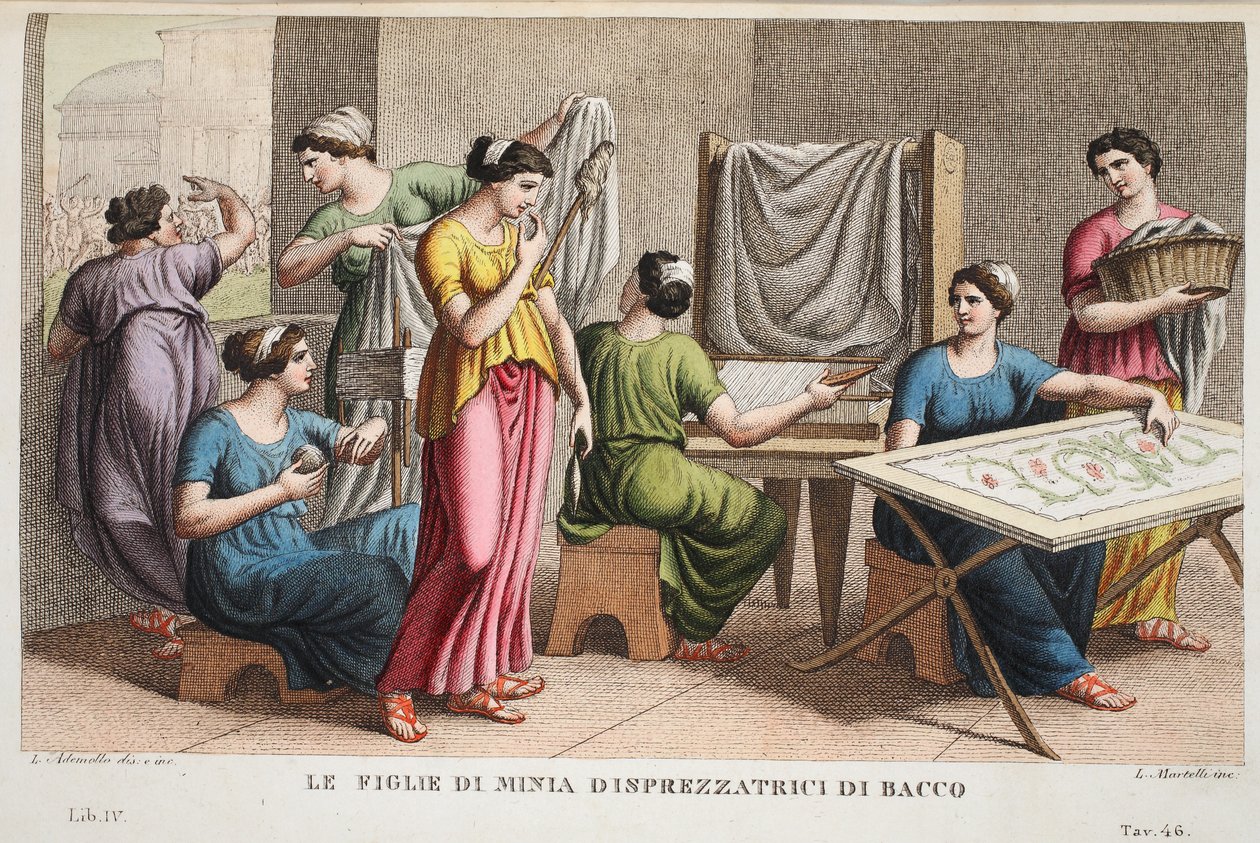 Minyades or Figlie di Minia Disprezzatrici di Bacco, bok IV, illustration från Ovidius Metamorfoser, Florens, 1832 (handkolorerat gravyr) av Luigi Ademollo