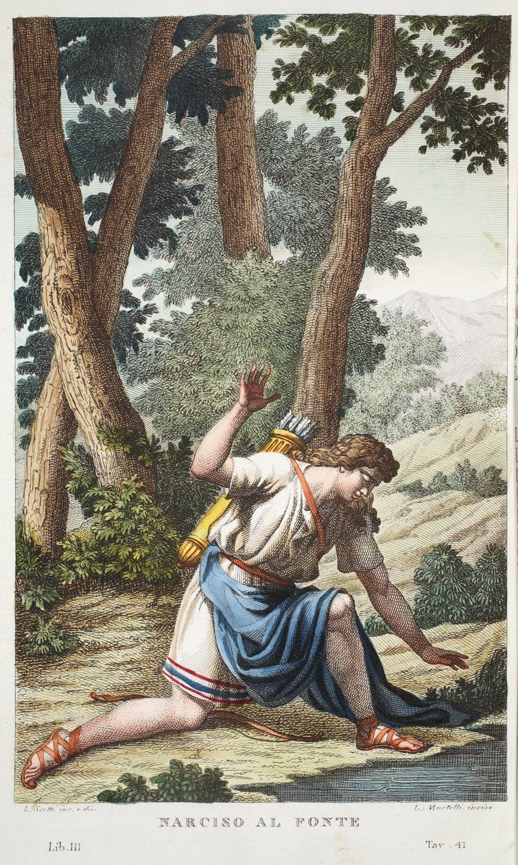 Narcissus in i en blomma eller Narciso al Fonte, bok III, illustration från Ovidius