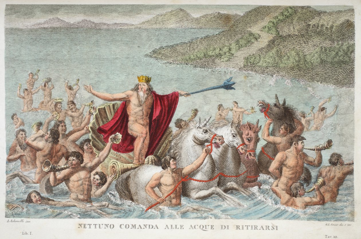 Neptunus lugnar vågorna eller Nettuno Comanda alle Acque di Ritirarsi, bok I, illustration från Ovidius Metamorfoser, Florens, 1832 (handkolorerat gravyr) av Luigi Ademollo