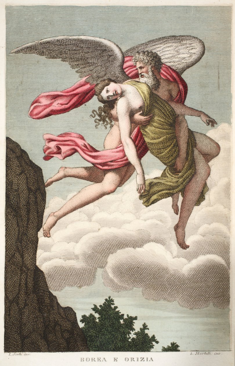 Orithyia är våldtagen av Boreas eller Borea e Orizia, Bok VI, illustration från Ovidius