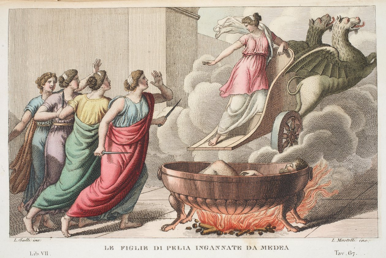 Pelias med sina döttrar eller Le Figlie di Pelia Ingannate da Medea, bok VII, illustration från Ovidius Metamorfoser, Florens, 1832 (handkolorerat gravyr) av Luigi Ademollo