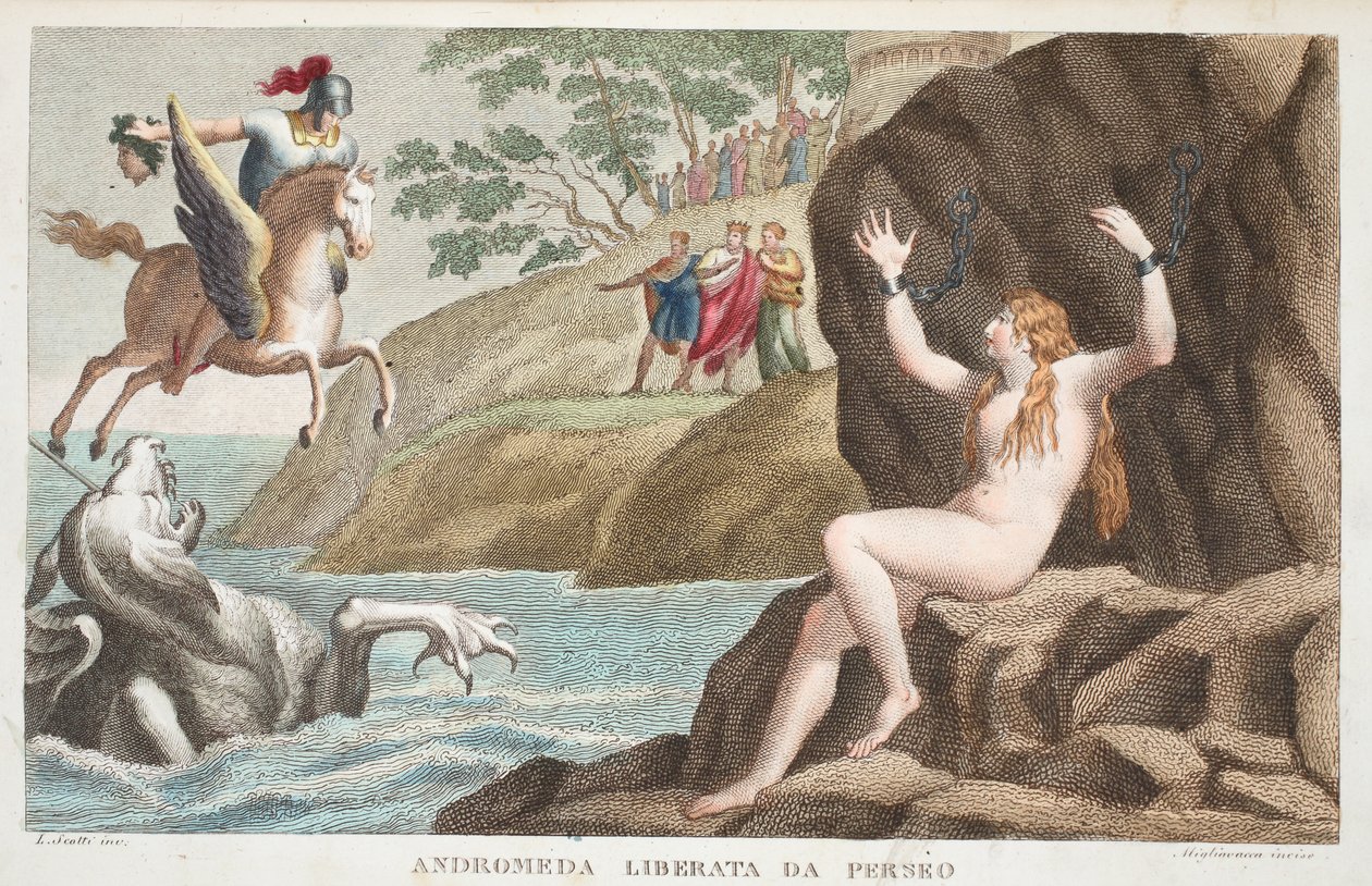 Perseus och Andromeda eller Andromeda Liberata da Perseo, Bok IV, illustration från Ovidius