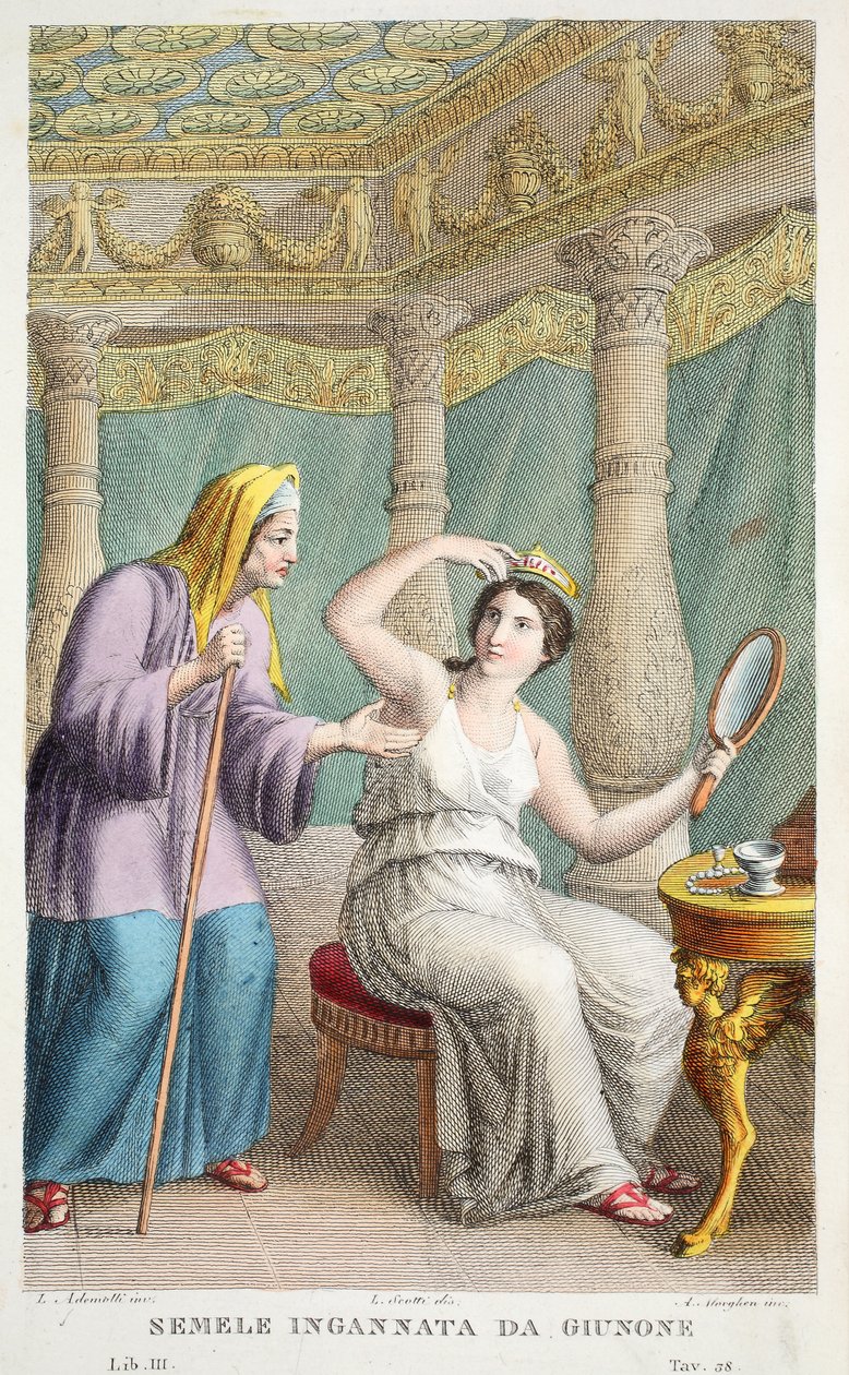 Semele är lurad eller Semele Ingannata da Giunone, illustration från Ovidius Metamorfoser, Florens, 1832 (handkolorerat gravyr) av Luigi Ademollo