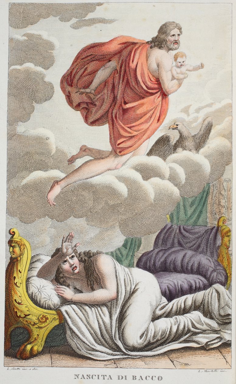 Semele är Thunderstruck eller Nascita de Bacco, illustration från Ovidius Metamorphoses, Florens, 1832 (handfärgad gravyr) av Luigi Ademollo