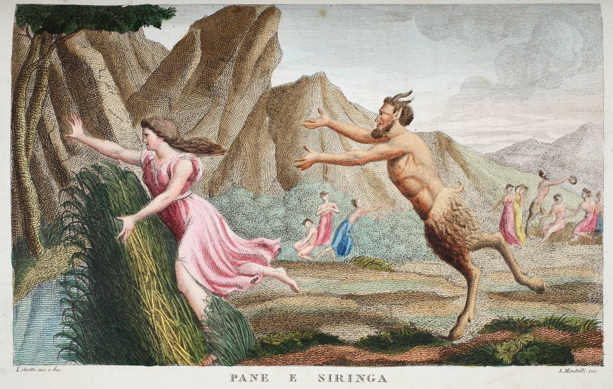 Syrinx into a Reed or Pane e Siringa, Bok I, illustration från Ovidius Metamorphoses, Florens, 1832 (handfärgad gravyr) av Luigi Ademollo