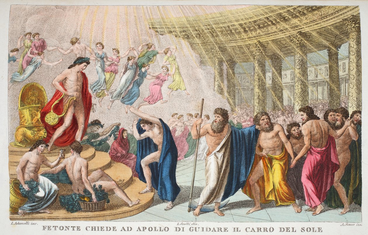 The Palace of the Sun eller Phaeton ber Apollo att köra solens vagn, bok II, illustration från Ovidius