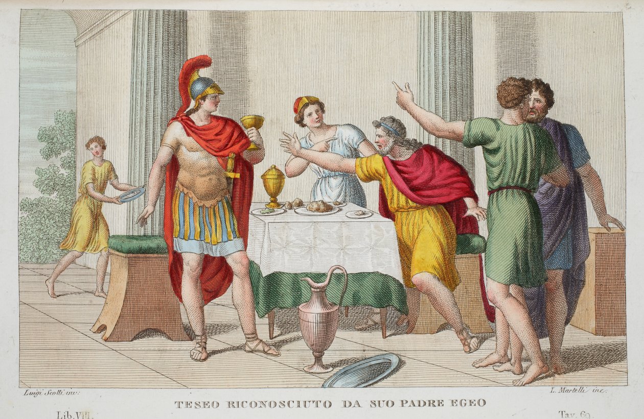Theseus erkänd eller Teseo Riconosciuto da Suo Padre Egeo, bok VII, illustration från Ovidius