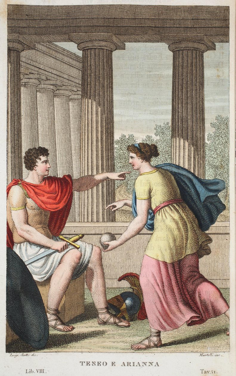 Theseus och Ariadne eller Terro e Arianna, bok VIII, illustration från Ovidius
