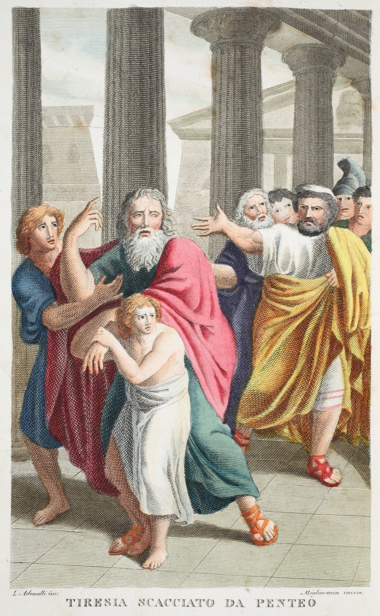 Tiresias avfärdad av Pentheus eller Tirenia Scacciato da Penteo, bok III, illustration från Ovidius Metamorphoses, Florens, 1832 (handfärgad gravyr) av Luigi Ademollo