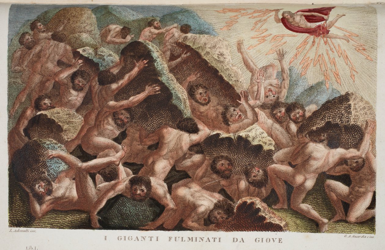 Jättarnas krig mot Jove eller I Giganti Fulminati da Giove, Bok I, illustration från Ovidius