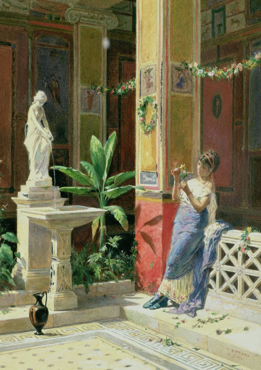På en gård i Pompeji, 1878 (penna och wc på papper) av Luigi Bazzani