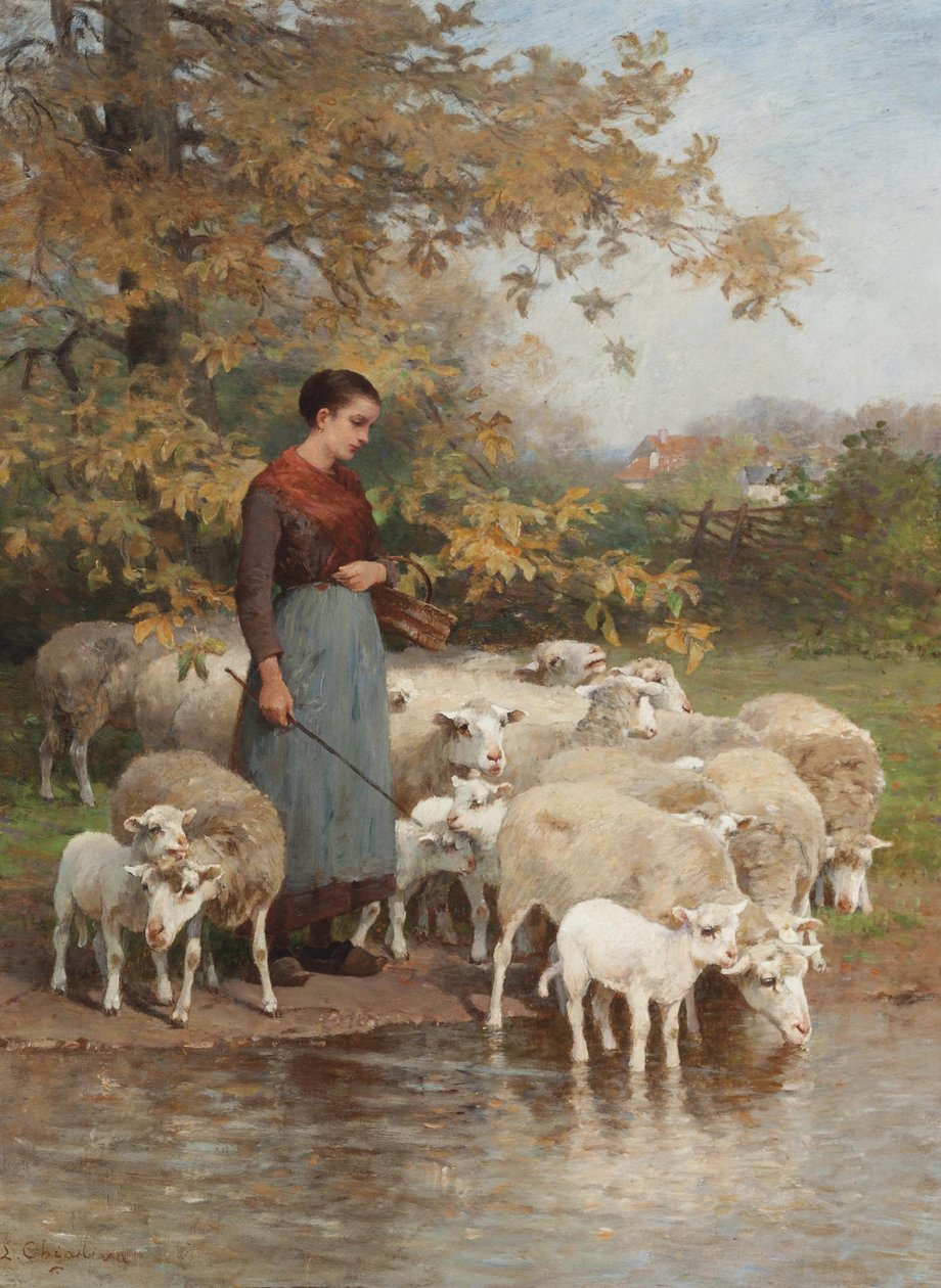 En herdinna vattnar hennes flock av Luigi Chialiva