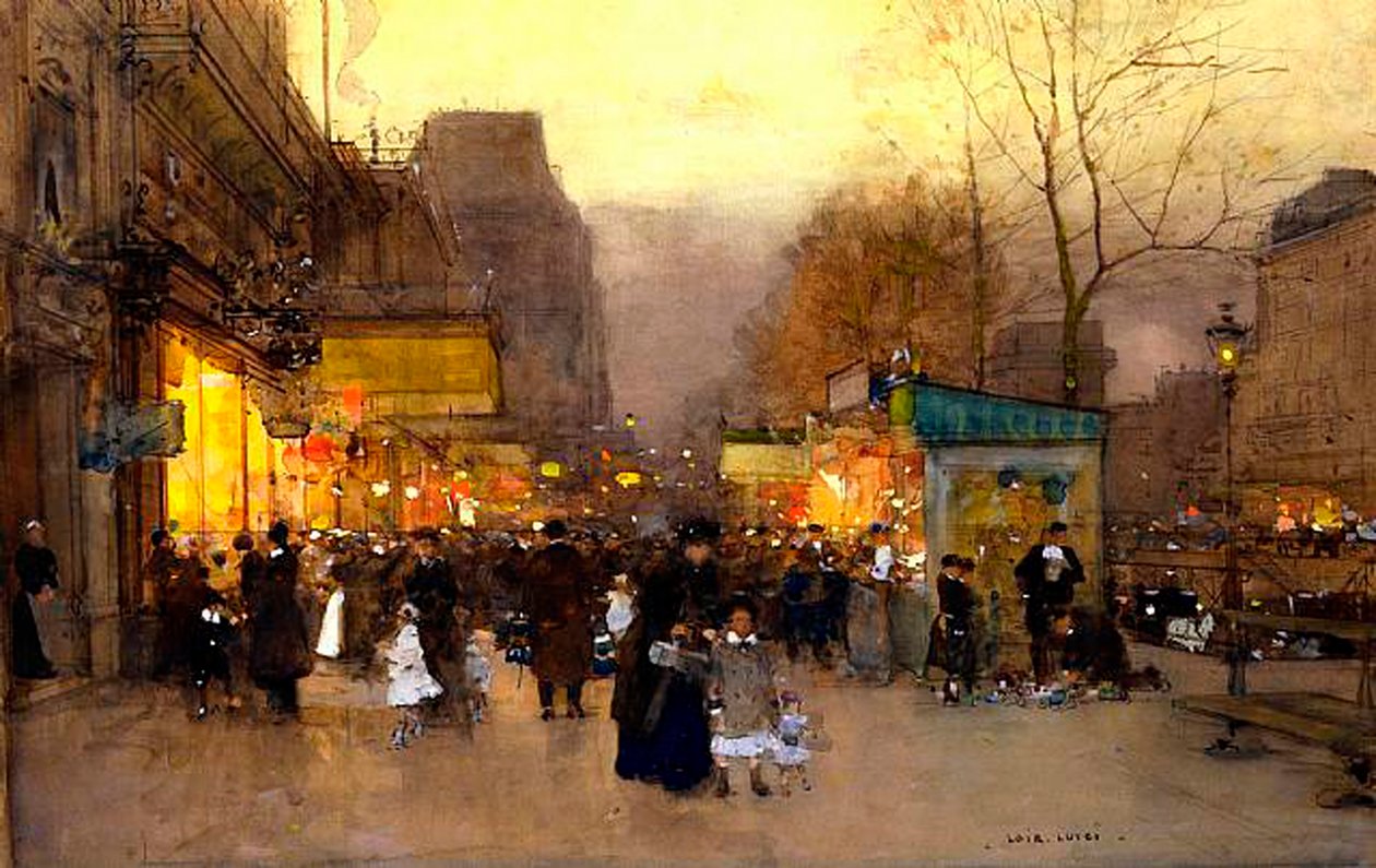 Porte St Martin vid jultid, Paris, ca 1890 (tempera på panel) av Luigi Loir